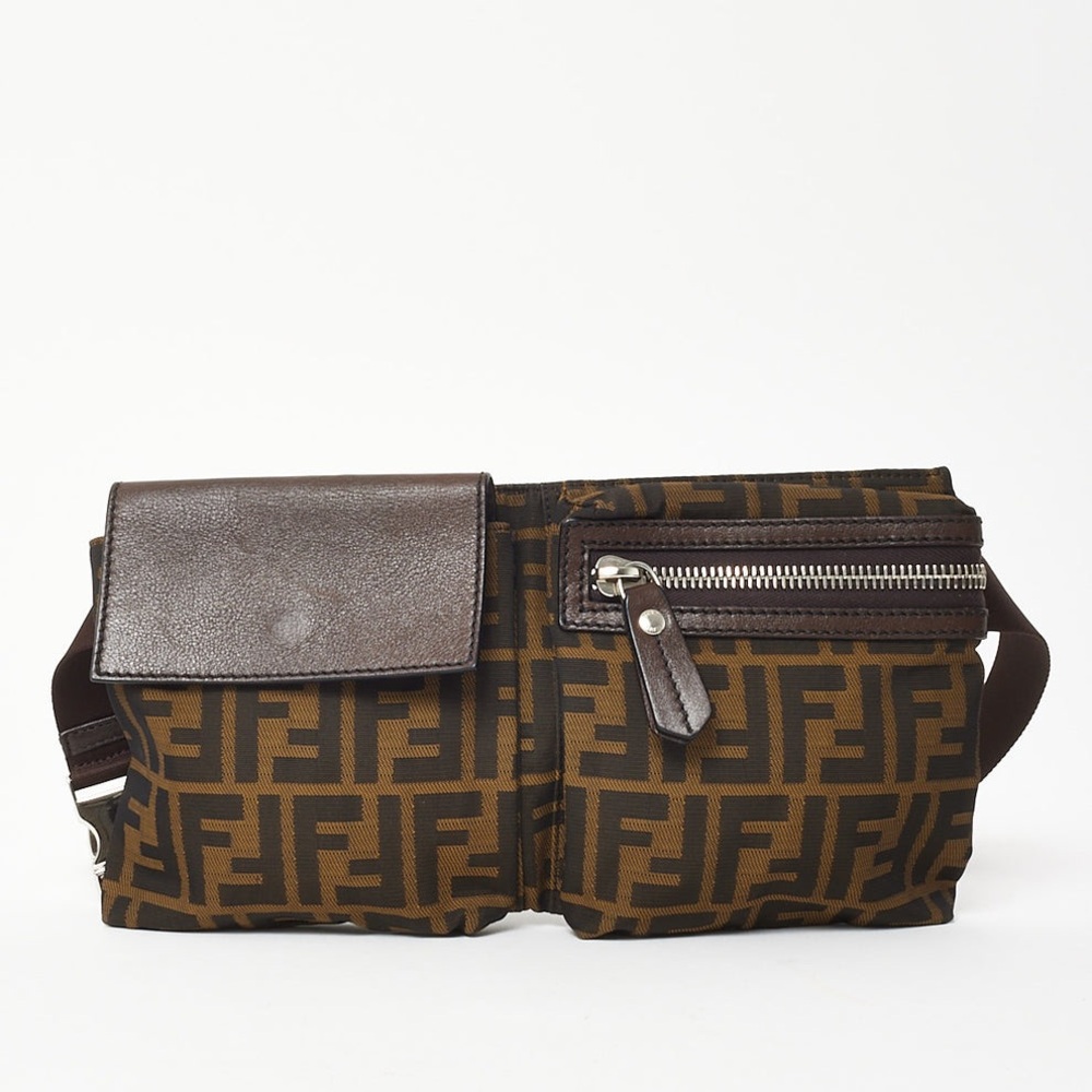 FENDI Brown Tobacco FF Zucca Print Canvas Double Pocket Belt Bag - Picture 4 of 4